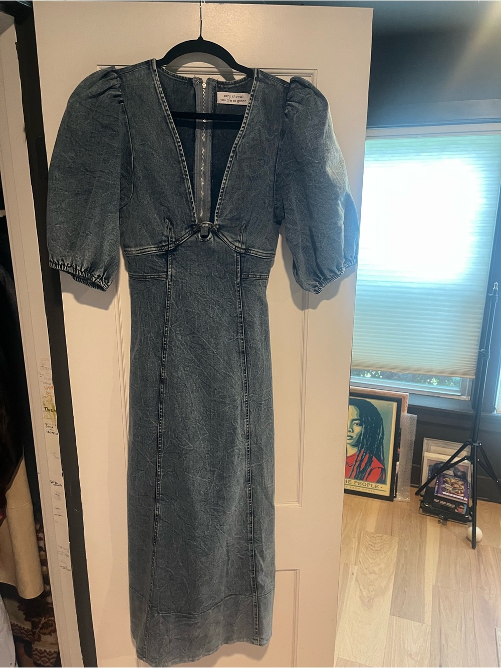 Washed Blue Puff-Sleeve Denim Midi Dress